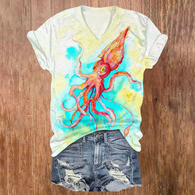 Watercolor Octopus  Print Short Sleeved V-Neck T-Shirt - White - US32-34(5XL) - image 1