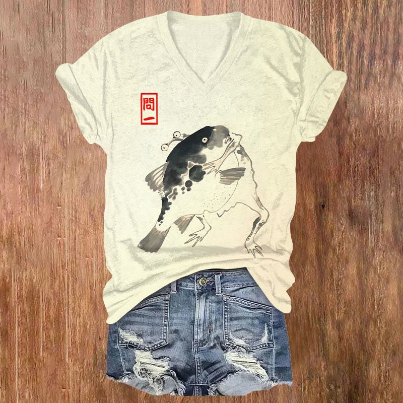 Japanese Vintage Frog Holding A Fish Print Short Sleeved V-Neck T-Shirt - Apricot - US32-34(5XL) - image 1