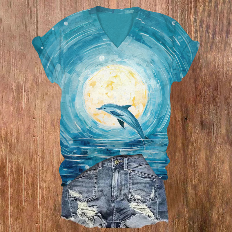 Sunlight Vortex Whale Print Short Sleeved V-Neck T-Shirt - Blue - US32-34(5XL) - image 1