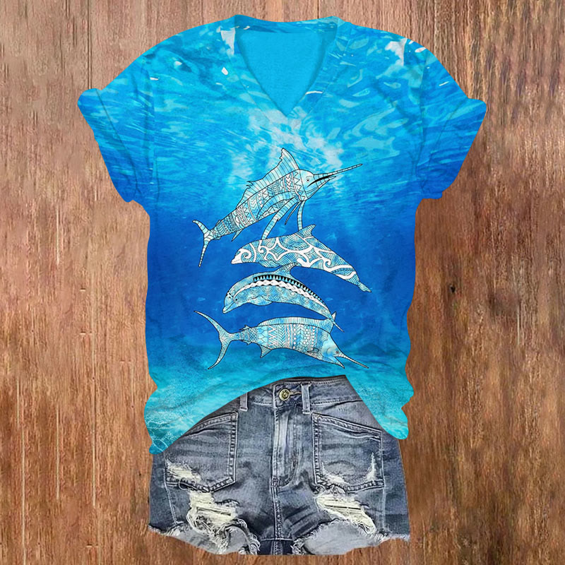 Ocean Sharks Print Short Sleeved V-Neck T-Shirt - Blue - US32-34(5XL) - image 1
