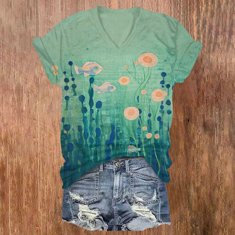 Ocean World Coral Print Short Sleeved V-Neck T-Shirt - Green - US32-34(5XL) - image 1