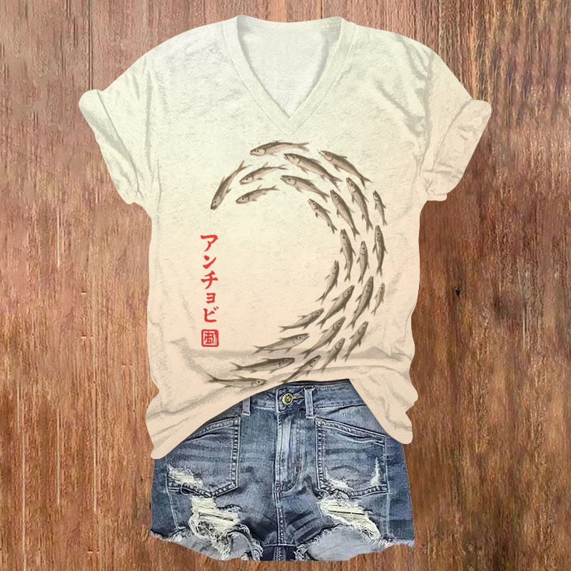 Japanese Style Vintage Fish Print Short Sleeved V-Neck T-Shirt - Apricot - US32-34(5XL) - image 1