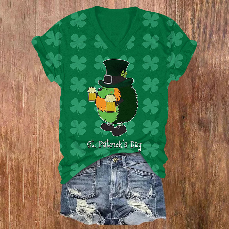 St. Patrick's DayBeer Hedgehog Print Short Sleeved V-Neck T-Shirt - Green - US32-34(5XL) - image 1