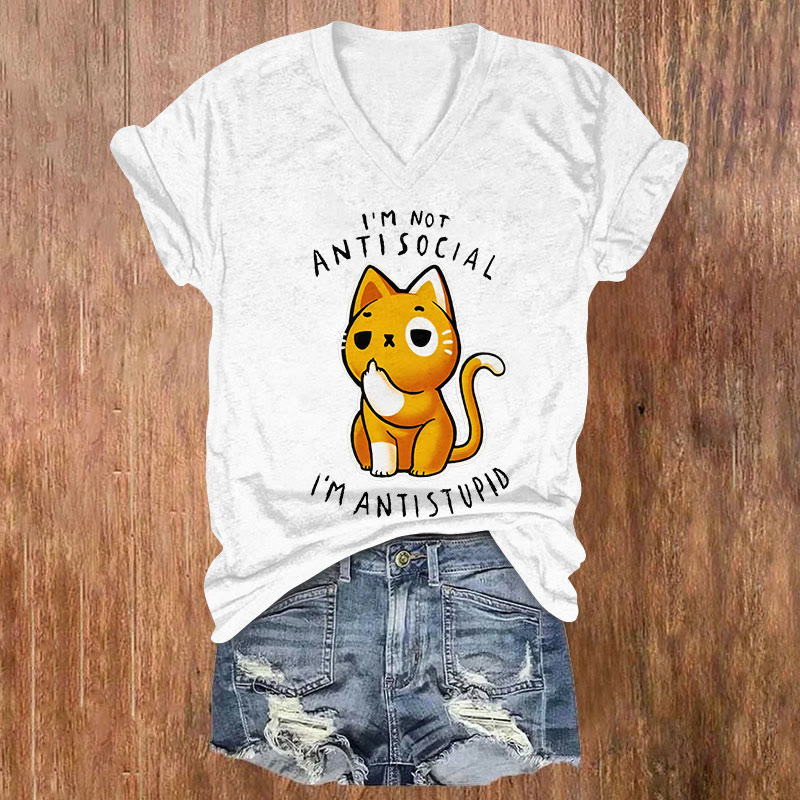I'M NOT ANTISOCIAL I'M ANTISTUPID Print Short Sleeved V-Neck T-Shirt - White - US32-34(5XL) - image 3