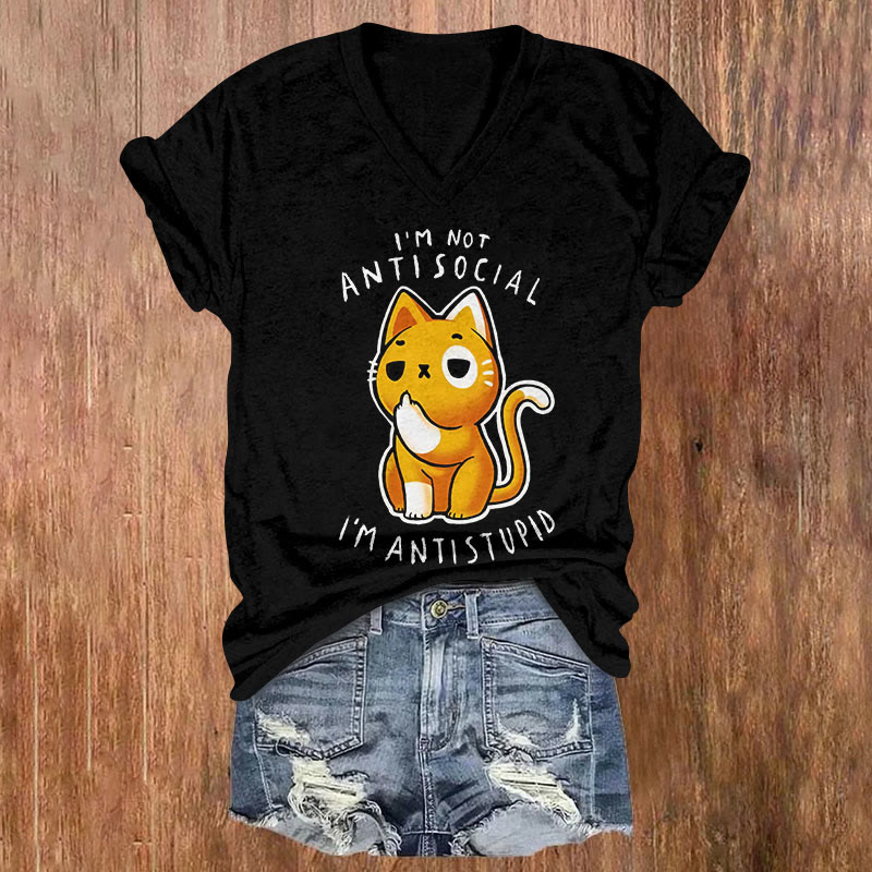 I'M NOT ANTISOCIAL I'M ANTISTUPID Print Short Sleeved V-Neck T-Shirt - Black - US32-34(5XL) - image 2