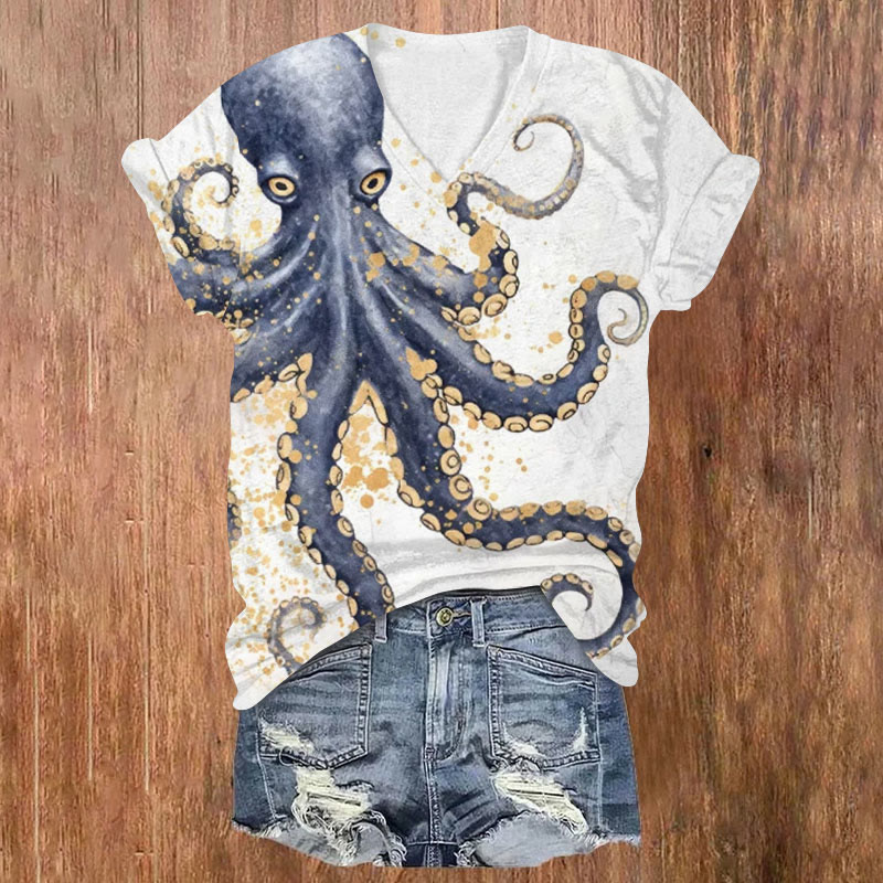 Gold Leaf Octopus Print Short Sleeved V-Neck T-Shirt - White - US32-34(5XL) - image 1