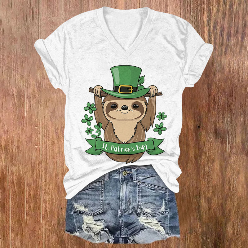 St. Patrick's Day Cute Sloth Print Short Sleeved V-Neck T-Shirt - White - US32-34(5XL) - image 1