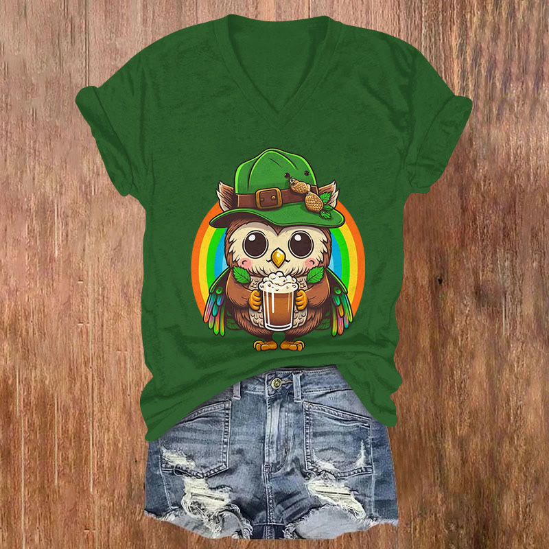 St. Patrick's Day Rainbow Owl Print Short Sleeved V-Neck T-Shirt - Green - US32-34(5XL) - image 2
