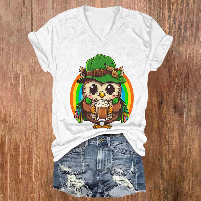 St. Patrick's Day Rainbow Owl Print Short Sleeved V-Neck T-Shirt - White - US32-34(5XL) - image 1