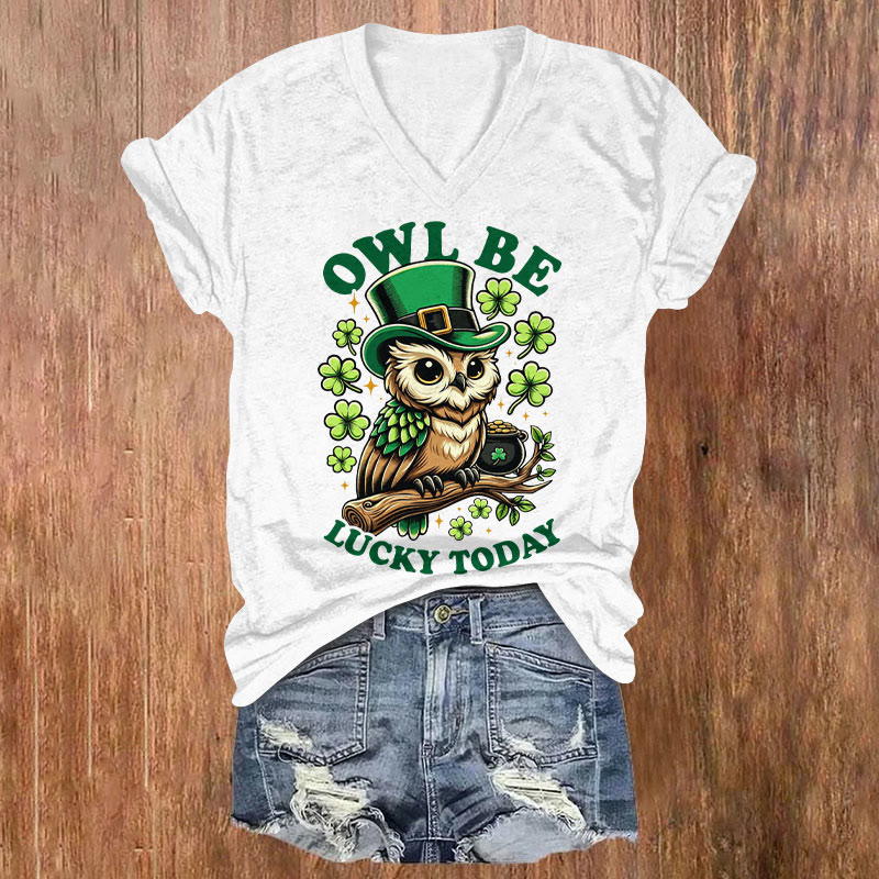 St. Patrick's Day Owl Be Lucky Today Short Sleeved V-Neck T-Shirt - White - US32-34(5XL) - image 2