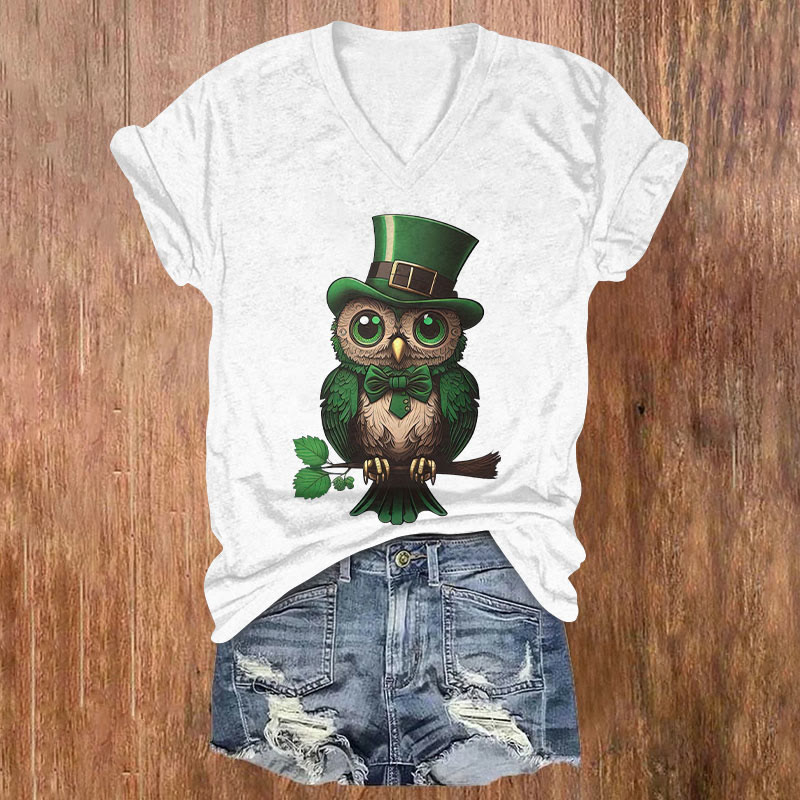 St. Patrick's Day Owl Wearing A Hat Print Short Sleeved V-Neck T-Shirt - White - US32-34(5XL) - image 1
