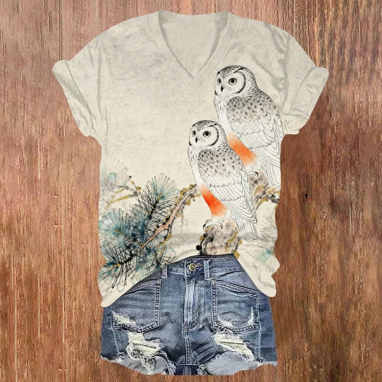 Japanese Style Vintage Floral Owl Print Short Sleeved V-Neck T-Shirt - Apricot - US32-34(5XL) - image 1