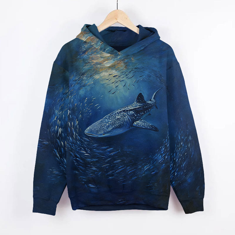 Oil Painting Whale Shark In Fish Swirl Art Print Long Sleeve Hoodie - Blue - US44-46(8XL) - image 1