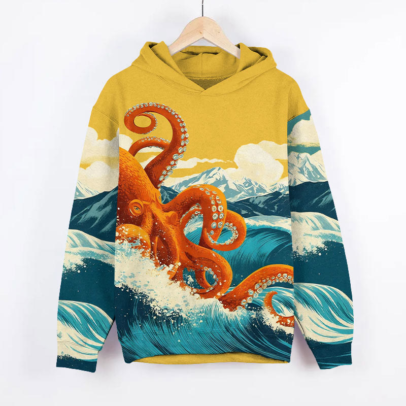  Retro 3D Octopus On The Ocean Wave Art Print Long Sleeve Hoodie - Yellow - US44-46(8XL) - image 2