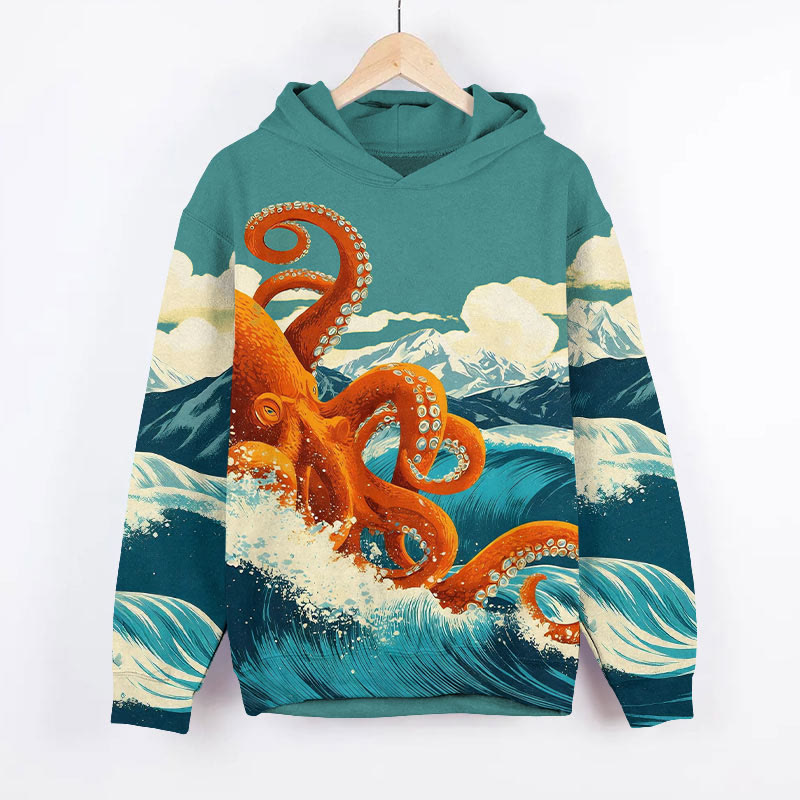  Retro 3D Octopus On The Ocean Wave Art Print Long Sleeve Hoodie - Green - US44-46(8XL) - image 1