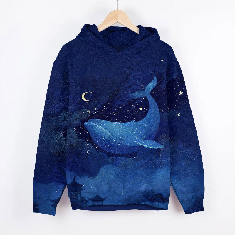  Watercolor Starry Night Whale Art Print Long Sleeve Hoodie - Blue - US44-46(8XL) - image 1