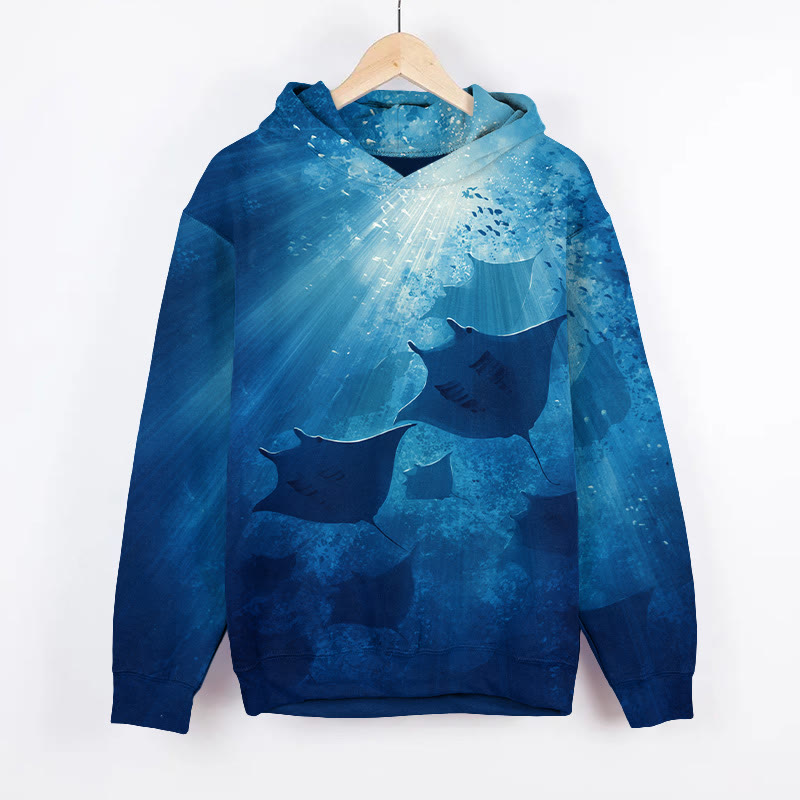 Sunshine For Underwater Ray Art Print Long Sleeve Hoodie - Blue - US44-46(8XL) - image 2