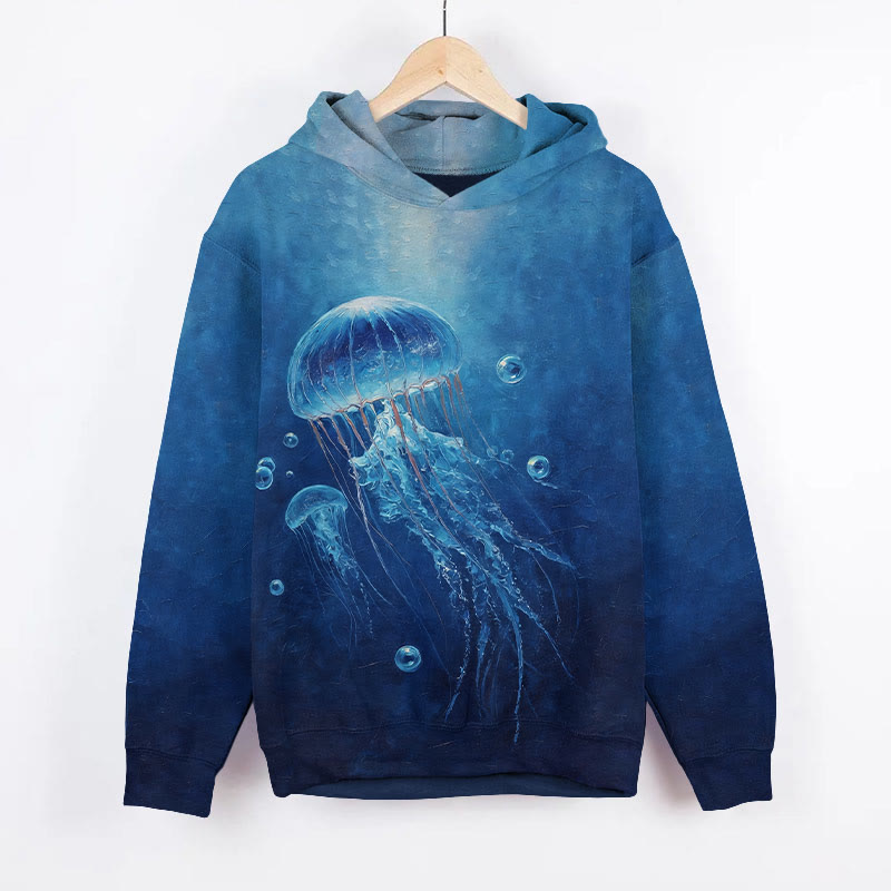 Mysterious Watercolor Jellyfish Art Print Long Sleeve Hoodie - Blue - US44-46(8XL) - image 1