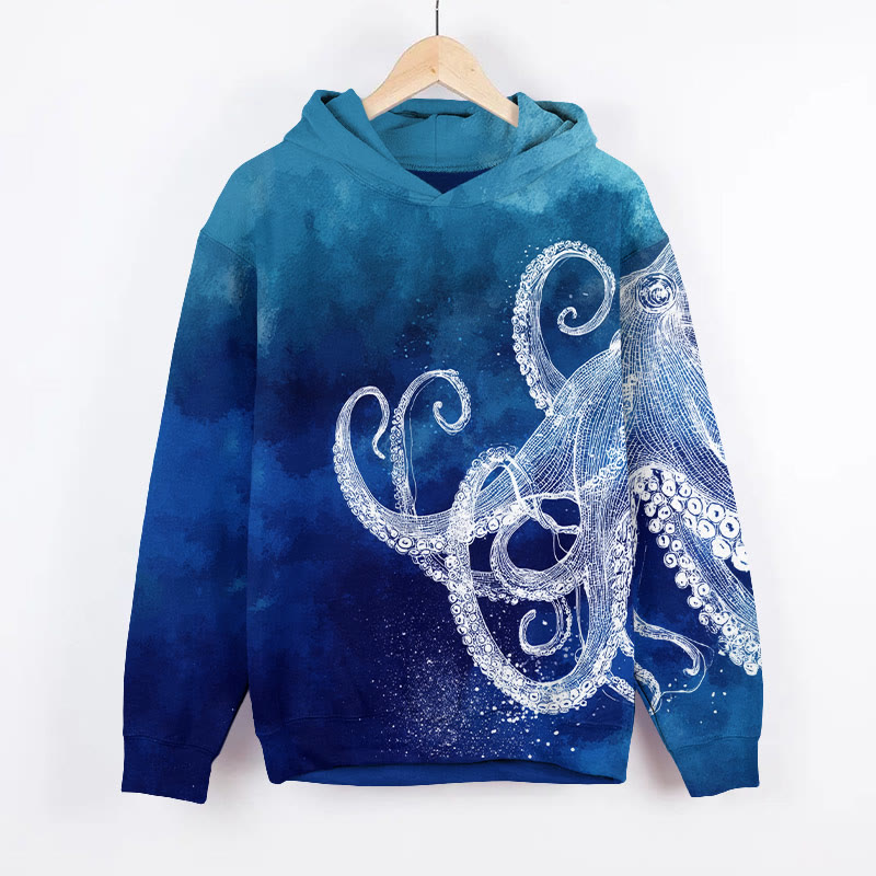 Retro Gradient Tie-dye Crystal Octopus Art Print Long Sleeve Hoodie - Blue - US44-46(8XL) - image 1
