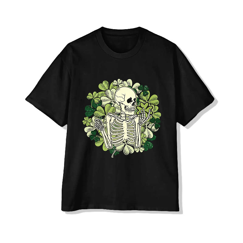 Unisex St. Patrick's Day Skeleton Man Surrounded By Four-leaf Clover Print Short Sleeved Crew Neck T-shirt - Black - 2XL - image 2