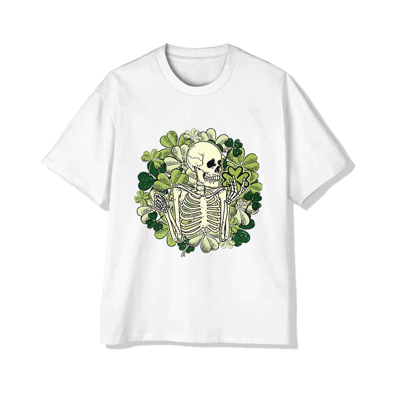 Unisex St. Patrick's Day Skeleton Man Surrounded By Four-leaf Clover Print Short Sleeved Crew Neck T-shirt - White - 2XL - image 1