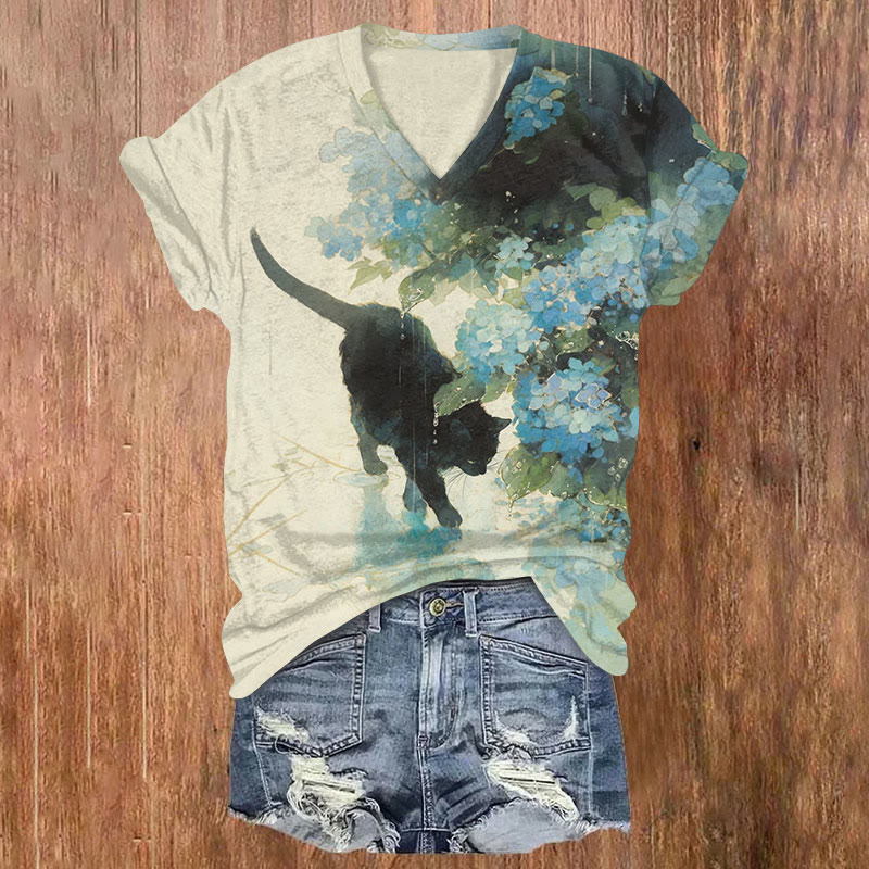 Vintage Hydrangea And Black Cat Print Short Sleeved V-Neck T-Shirt - Apricot - US32-34(5XL) - image 1
