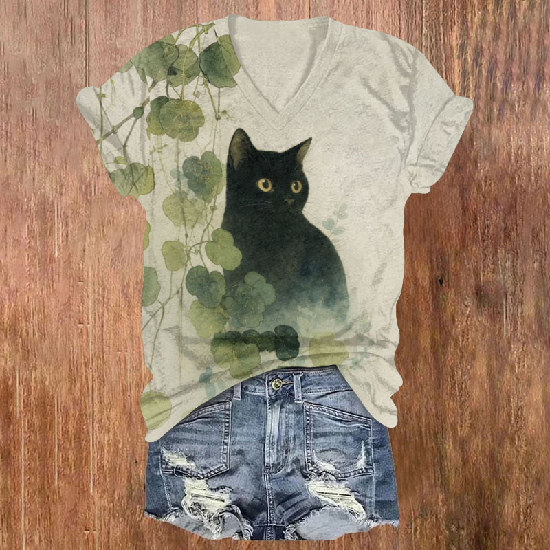 Vintage Ruffles And Black Cat Print Short Sleeved V-Neck T-Shirt - Apricot - US32-34(5XL) - image 1