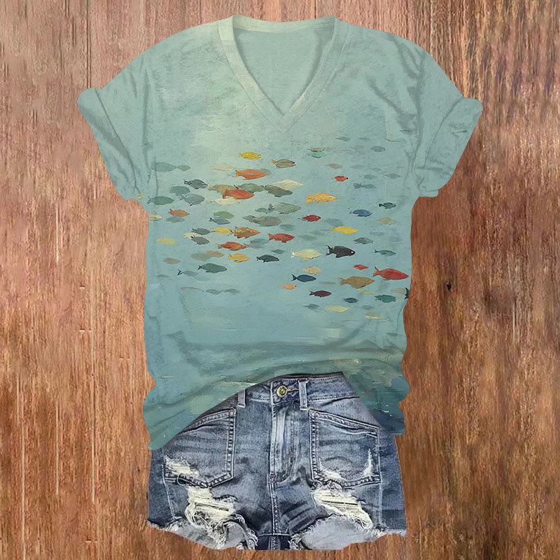 Vintage Painting School Of Fish Art Print Short Sleeved V-Neck T-Shirt - Green - US32-34(5XL) - image 1