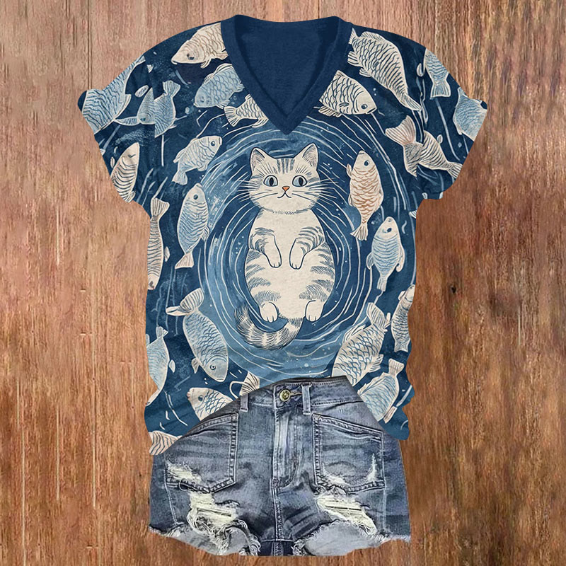 Retro Fish School Vortex Cat Print Short Sleeved V-Neck T-Shirt - Blue - US32-34(5XL) - image 1