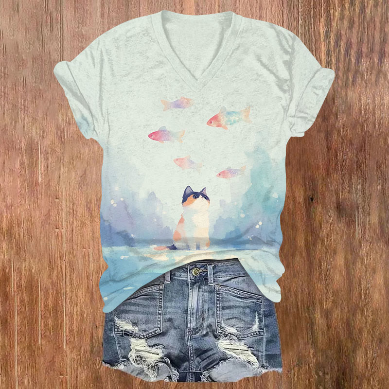 Watercolor Paintings Of Fish And Cats Print Short Sleeved V-Neck T-Shirt - Beige - US32-34(5XL) - image 1