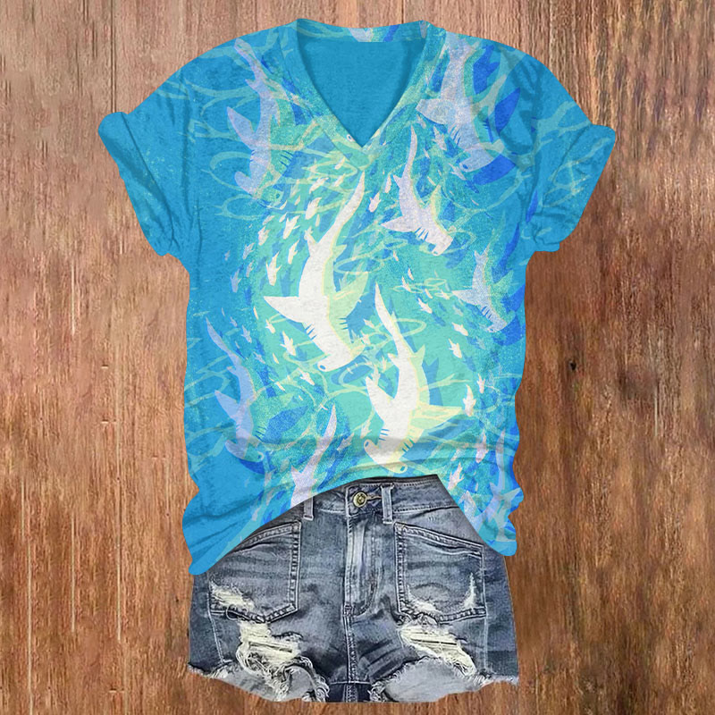 Sharks Roam Print Short Sleeved V-Neck T-Shirt - Blue - US32-34(5XL) - image 1