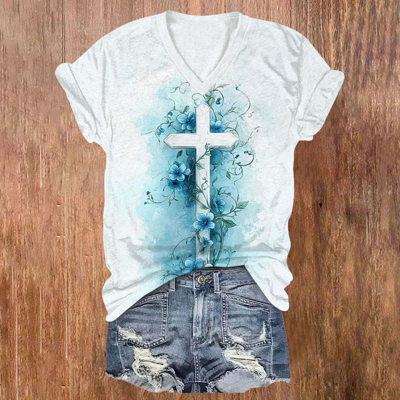 Cross Shaped Floral Vines Print Short Sleeved V-Neck T-Shirt - White - US32-34(5XL) - image 1