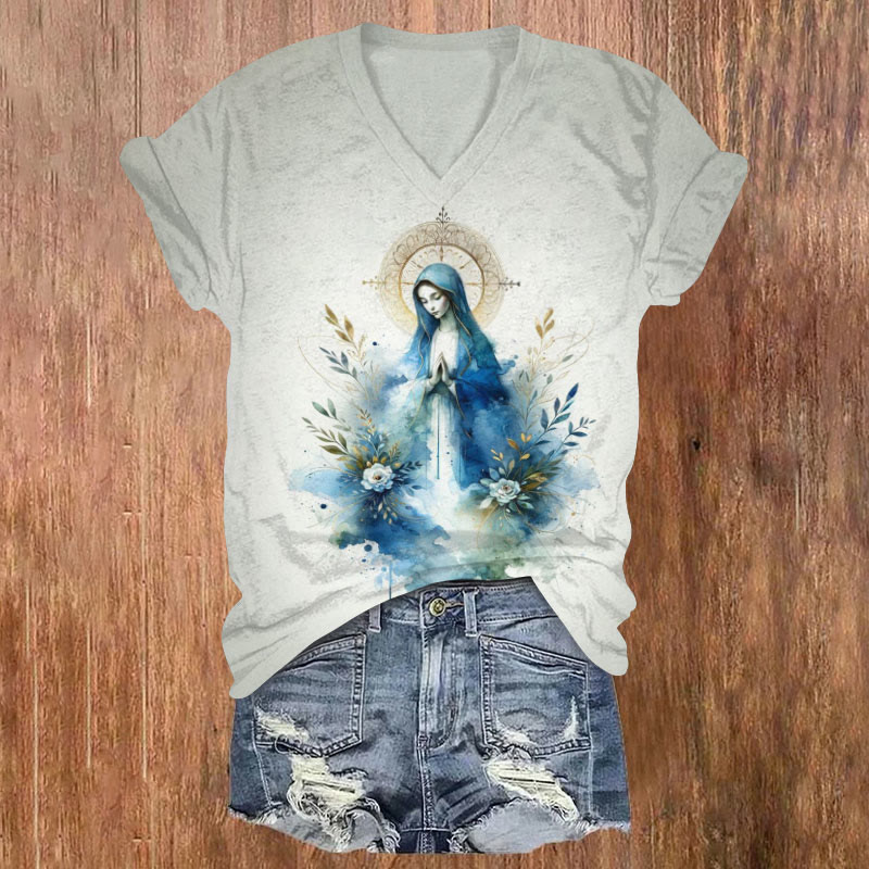 Virgin Mary Watercolor Print Short Sleeved V-Neck T-Shirt - Grey - US32-34(5XL) - image 1