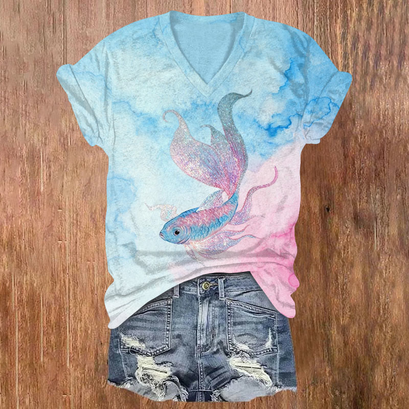Gradient Shimmering Koi Fish Print Short Sleeved V-Neck T-Shirt - Light Blue - US32-34(5XL) - image 1