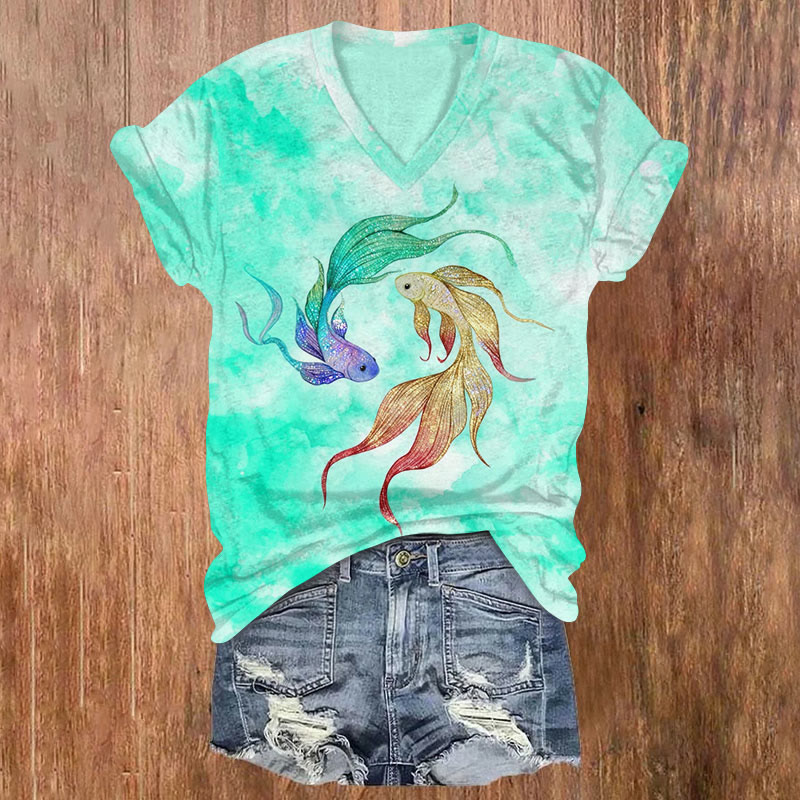 Sparkling Tie Dye Gradient Koi Fish Print Short Sleeved V-Neck T-Shirt - Light Green - US32-34(5XL) - image 1