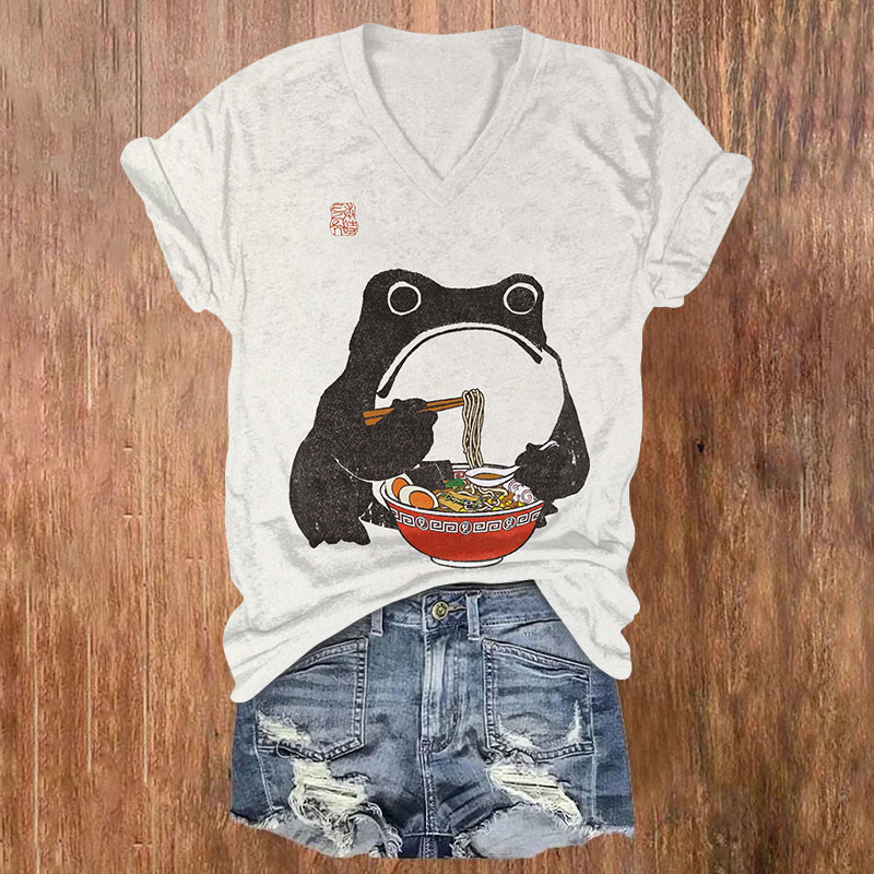 Japanese Ramen Frog Print Short Sleeved V-Neck T-Shirt - Beige - US32-34(5XL) - image 1