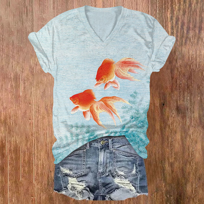 Japanese Koi Print Short Sleeved V-Neck T-Shirt - Light Blue - US32-34(5XL) - image 1