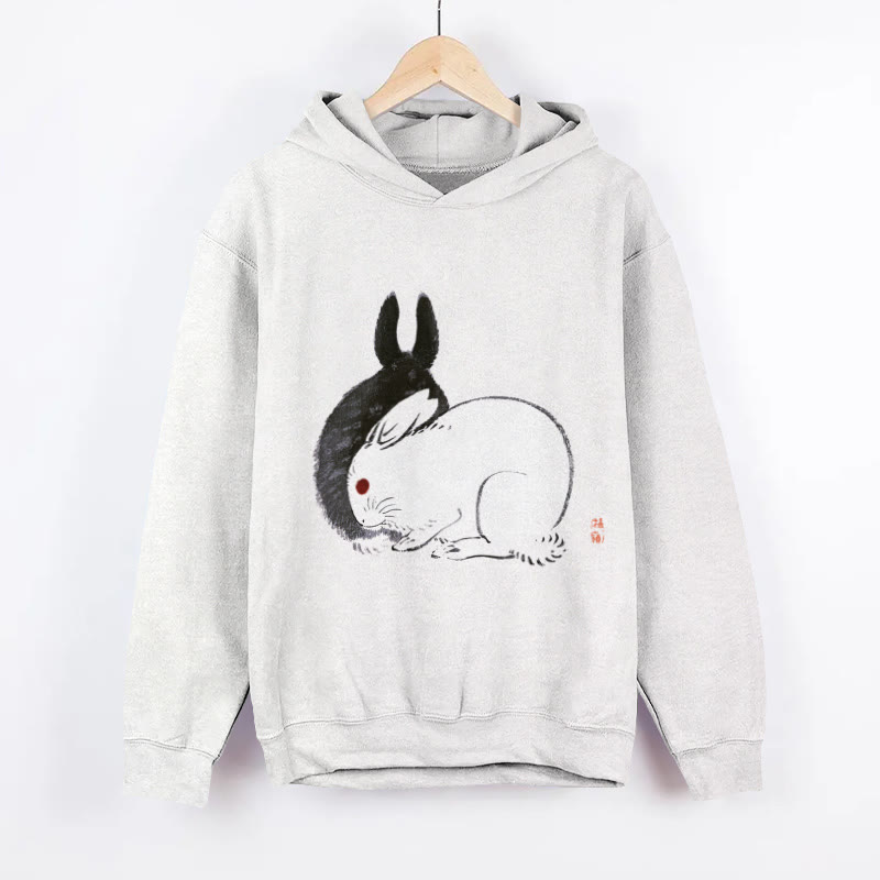 Unisex Japanese Ink Painting Of A Yin Yang Rabbit Print Long Sleeved Hoodie - White - US44-46(8XL) - image 1