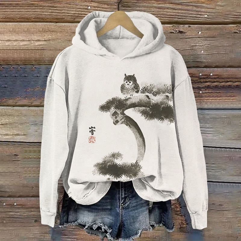 Japanese Ink Painting Of An Owl Print Long Sleeved Hoodie - White - US44-46(8XL) - image 1