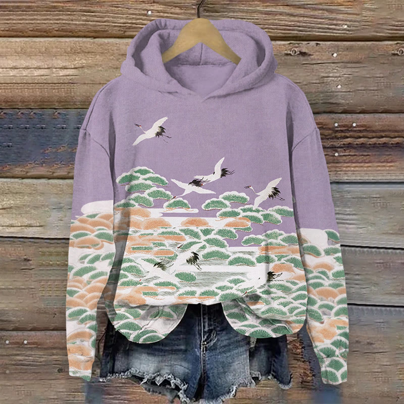 Japanese Crane Print Long Sleeved Hoodie - Purple - US44-46(8XL) - image 1