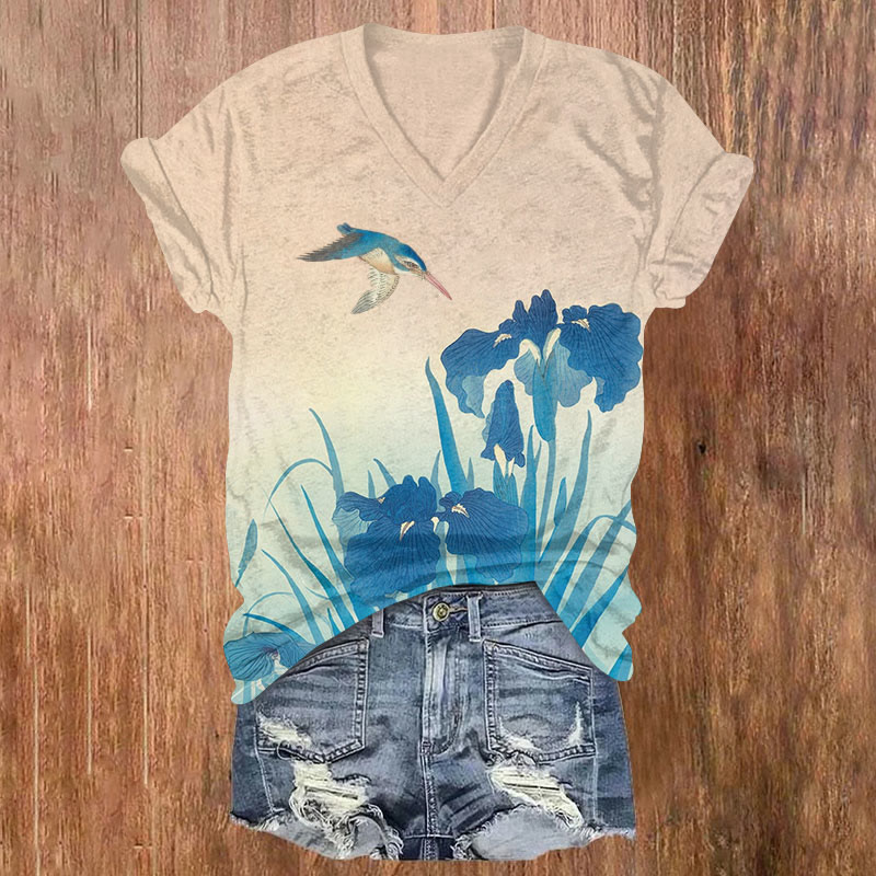 Japanese Birds And Flowers Print Short Sleeved V-Neck T-Shirt - Apricot - US32-34(5XL) - image 1