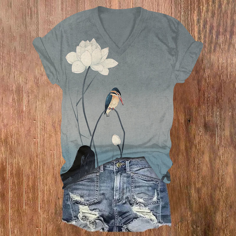 Vintage Birds And Flowers Print Short Sleeved V-Neck T-Shirt - Grey - US32-34(5XL) - image 1