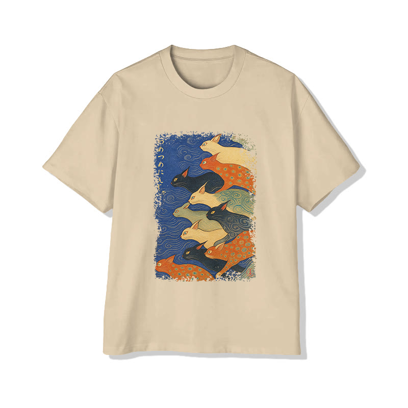 Unisex Japanese Ukiyo-E Cats Print Short Sleeved Crew Neck T-Shirt - Apricot - 2XL - image 2
