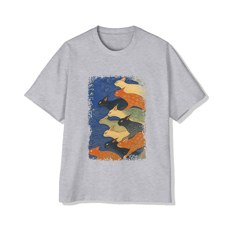 Unisex Japanese Ukiyo-E Cats Print Short Sleeved Crew Neck T-Shirt - Grey - 2XL - image 1