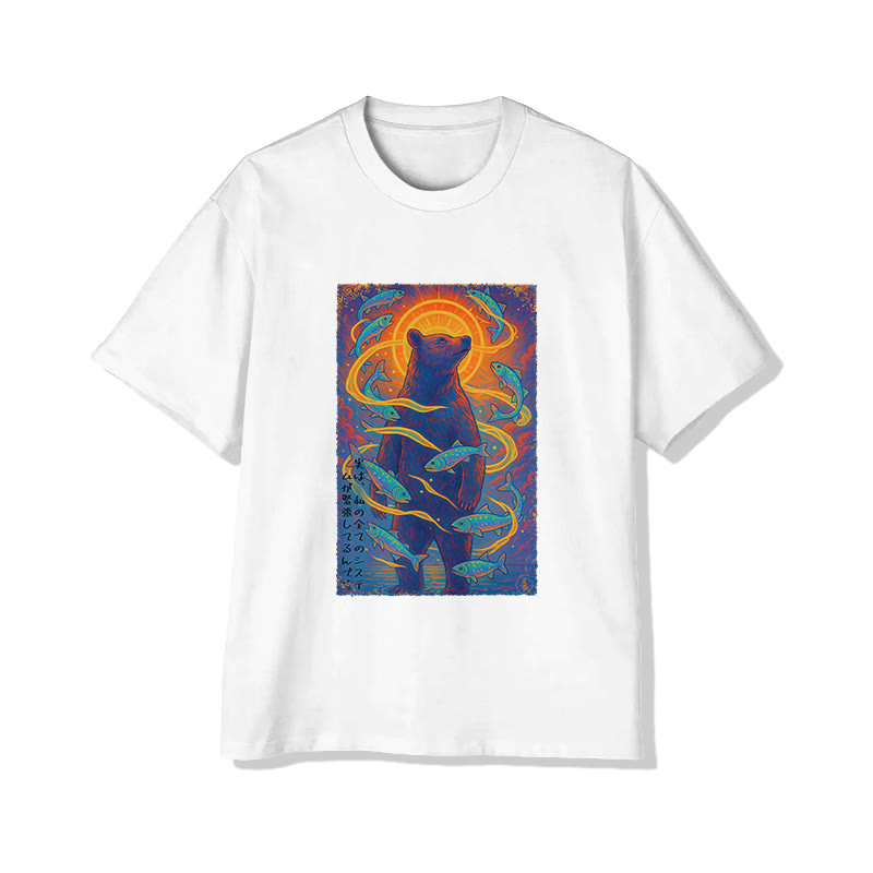 Unisex Japanese Fantasy Bear And Fish Print Short Sleeved Crew Neck T-Shirt - White - 2XL - image 1