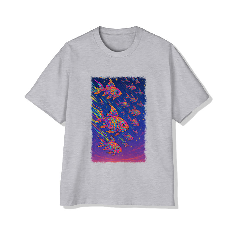 Unisex Japanese Fantasy Fish Print Short Sleeved Crew Neck T-Shirt - Grey - 2XL - image 2