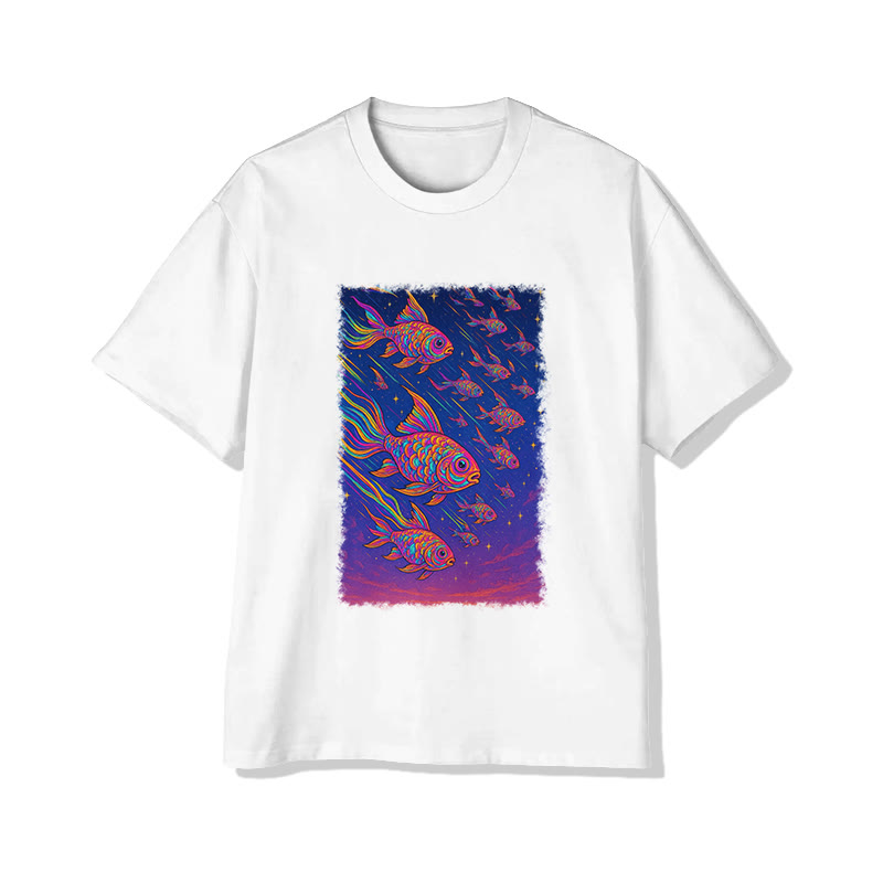 Unisex Japanese Fantasy Fish Print Short Sleeved Crew Neck T-Shirt - White - 2XL - image 1