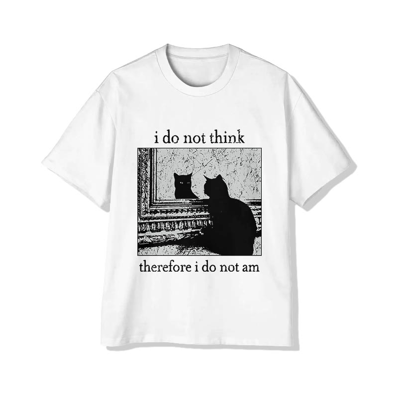 I Do Not Think Therefore I Do Not Am Cat Print Short Sleeved Crew Neck T-Shirt - White - 2XL - image 2