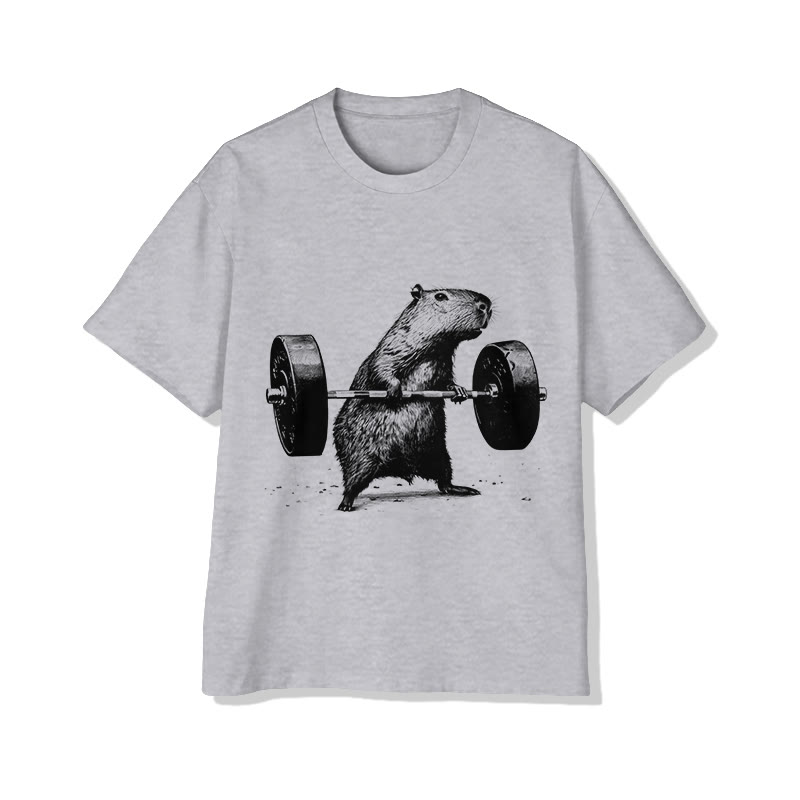 Unisex Capybara Lifting Weights Print Short Sleeved Crew Neck T-Shirt - Grey - 2XL - image 2