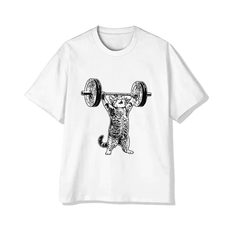Unisex Cat Weightlifting Print Short Sleeved Crew Neck T-Shirt - White - 2XL - image 2